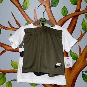 Nike Olive Green and White Boys' Athletic Tee & Shorts Set